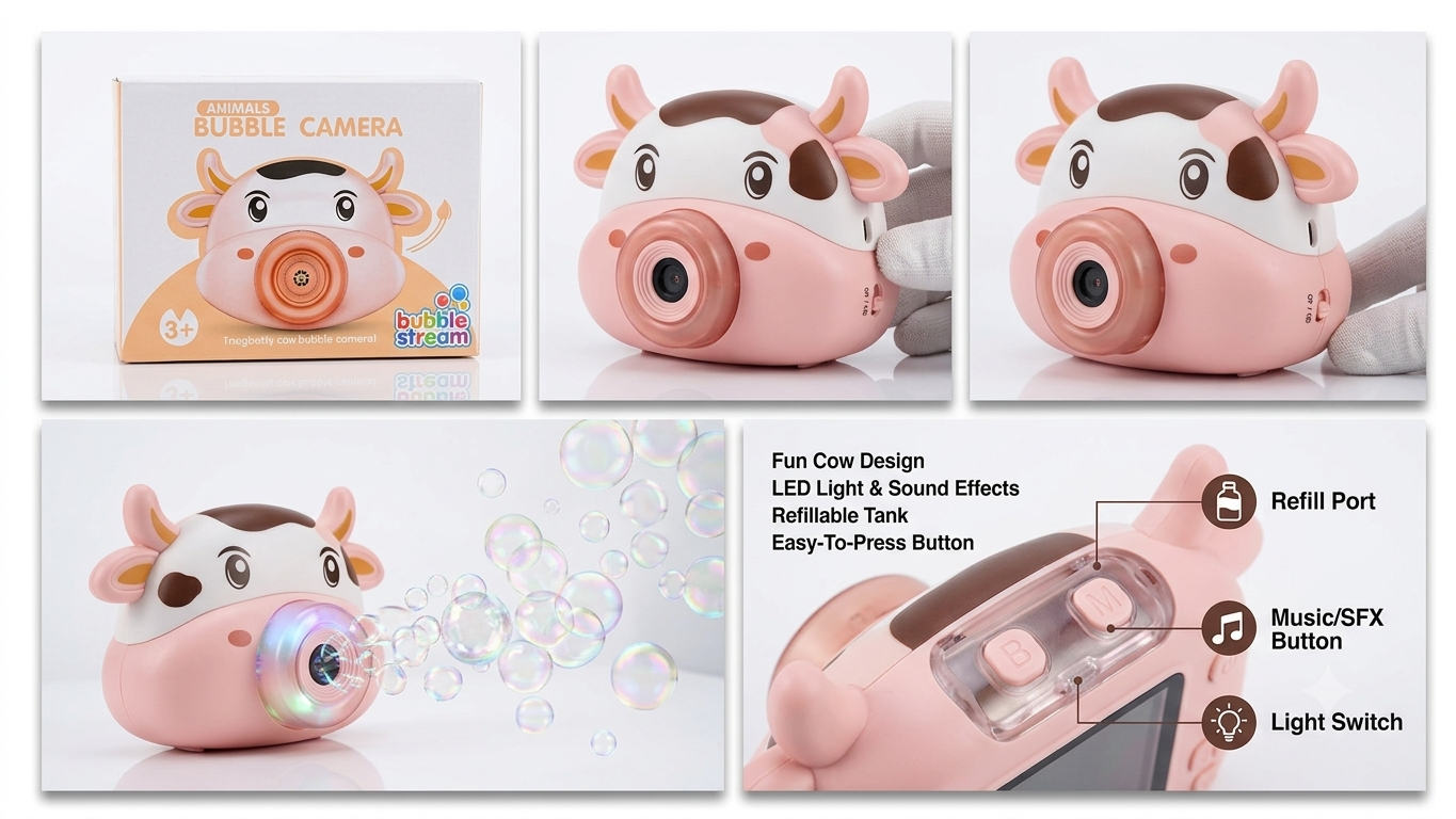 BubblyCow™ Automatic Cartoon Bubble Camera | Cute Animal Bubble Blaster with Dynamic Music & LED Lights 🐮🫧📸