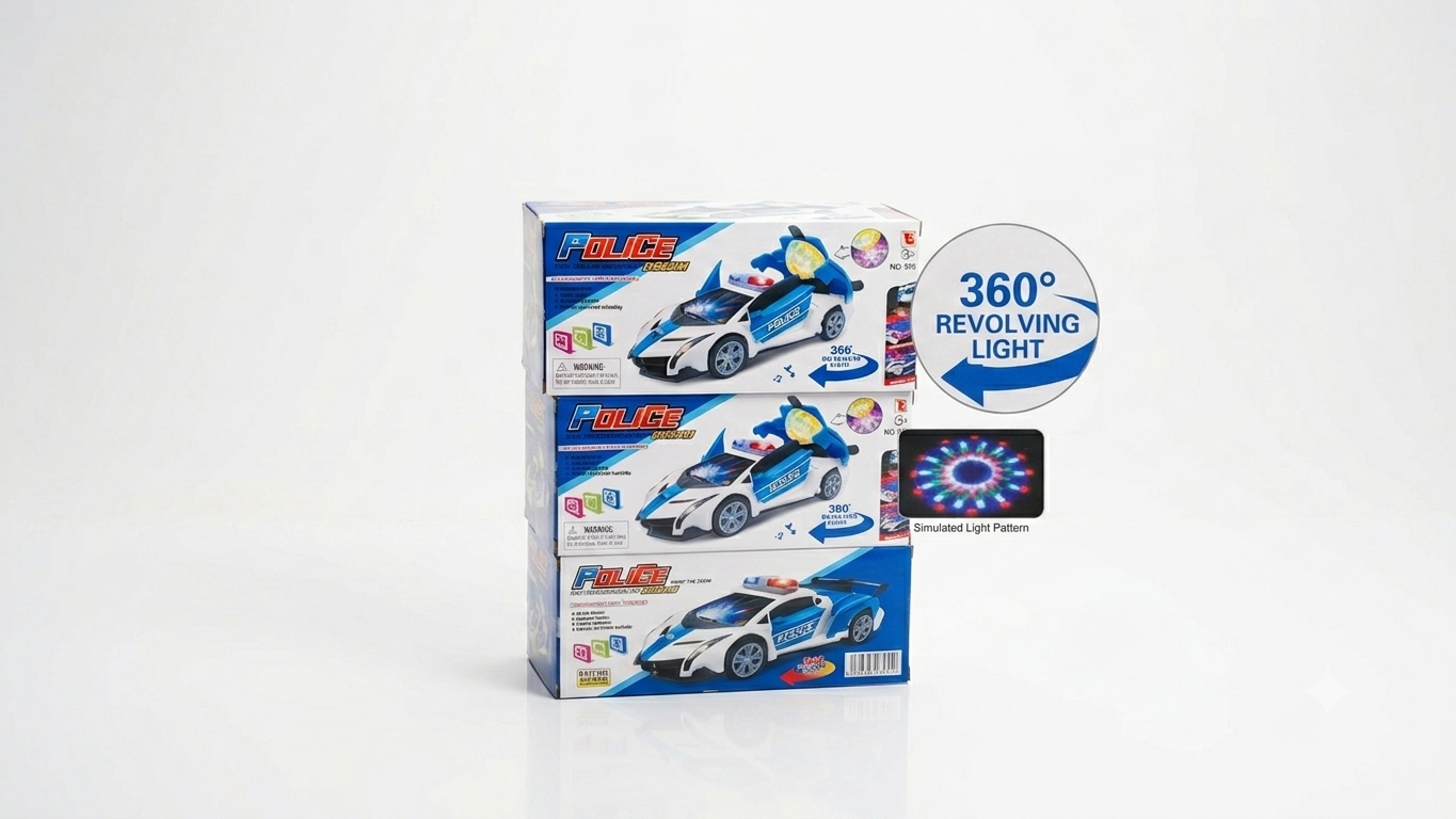 PoliceDream™ 360° Rotating Electric Police Car Toy | Battery-Operated Supercar with Opening Doors, Flashing LED Lights & Siren Sounds 🚔🏎️✨