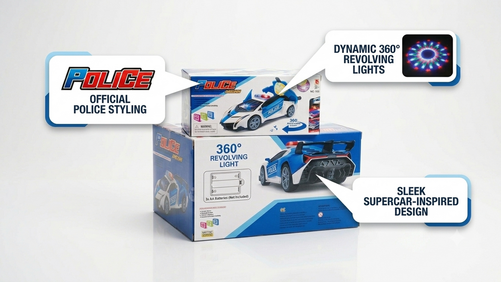 PoliceDream™ 360° Rotating Electric Police Car Toy | Battery-Operated Supercar with Opening Doors, Flashing LED Lights & Siren Sounds 🚔🏎️✨