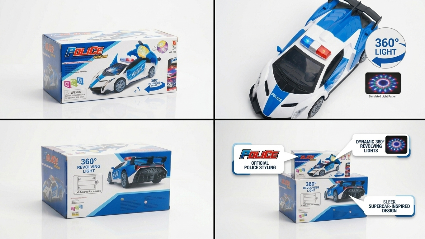 PoliceDream™ 360° Rotating Electric Police Car Toy | Battery-Operated Supercar with Opening Doors, Flashing LED Lights & Siren Sounds 🚔🏎️✨