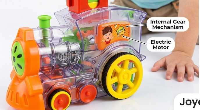 DominoExpress™ Automatic Domino-Laying Electric Train | Interactive Transparent Toy Train with Sound, Lights, and Steerable Chimney 🚂🧱✨