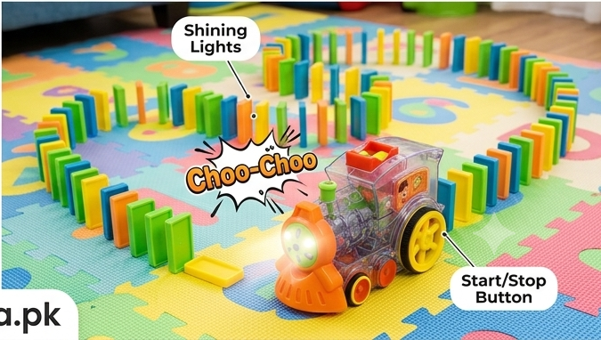 DominoExpress™ Automatic Domino-Laying Electric Train | Interactive Transparent Toy Train with Sound, Lights, and Steerable Chimney 🚂🧱✨