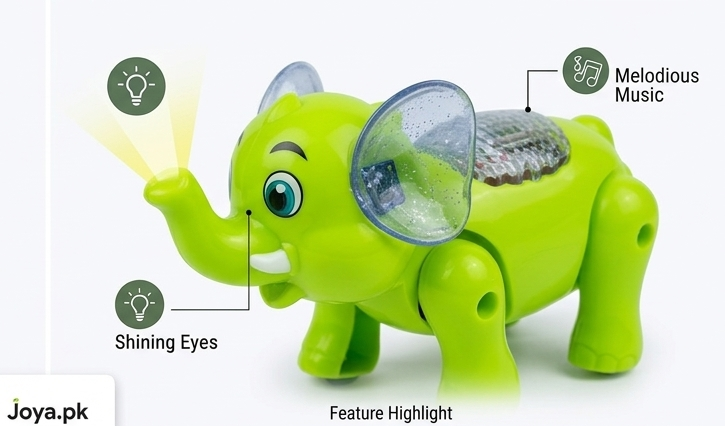 CleverElephant™ Interactive Walking Electric Toy | Musical Cartoon Elephant with Flashing 3D LED Lights & Bumper Action 🐘🎵✨