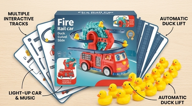 FireRescue™ Duck Swivel Slide Rail Car | Interactive Fire Truck Vehicle Playset with Rotating Ferris Wheel & Track 🚒🦆🎡✨