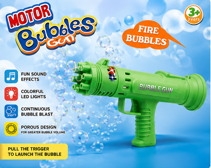 TurboFlow™ Automatic Motor Bubble Gun | High-Volume Porous Bubble Shooter with LED Lights & Music 🫧🔫✨